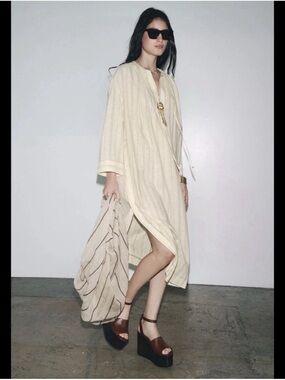 Zara Cream Striped tunic/kaftan Dress. Large NWT Never Worn